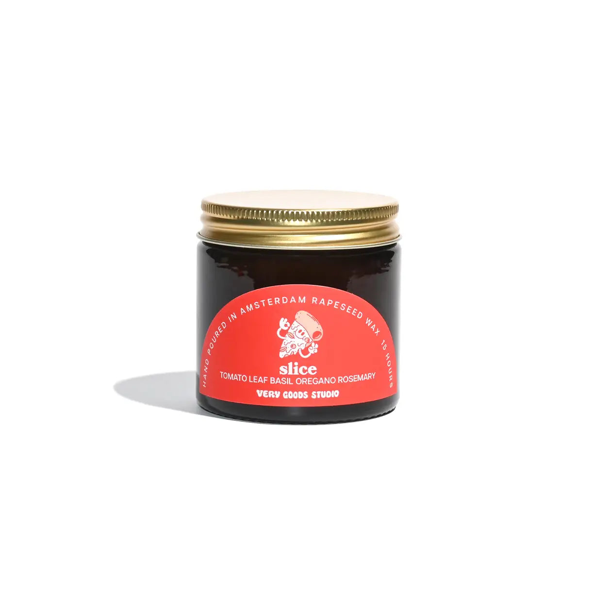 Geurkaars van very goods studio gemaakt van koolzaadwas met katoenen lont in amberkleurige 60 ml pot, geur slice