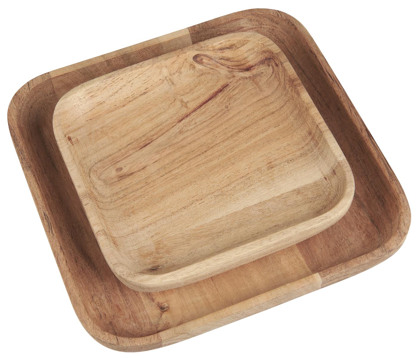 Vierkante houten bordjes gemaakt van acacia hout, verkrijgbaar in een klein en iets wat groter formaat.